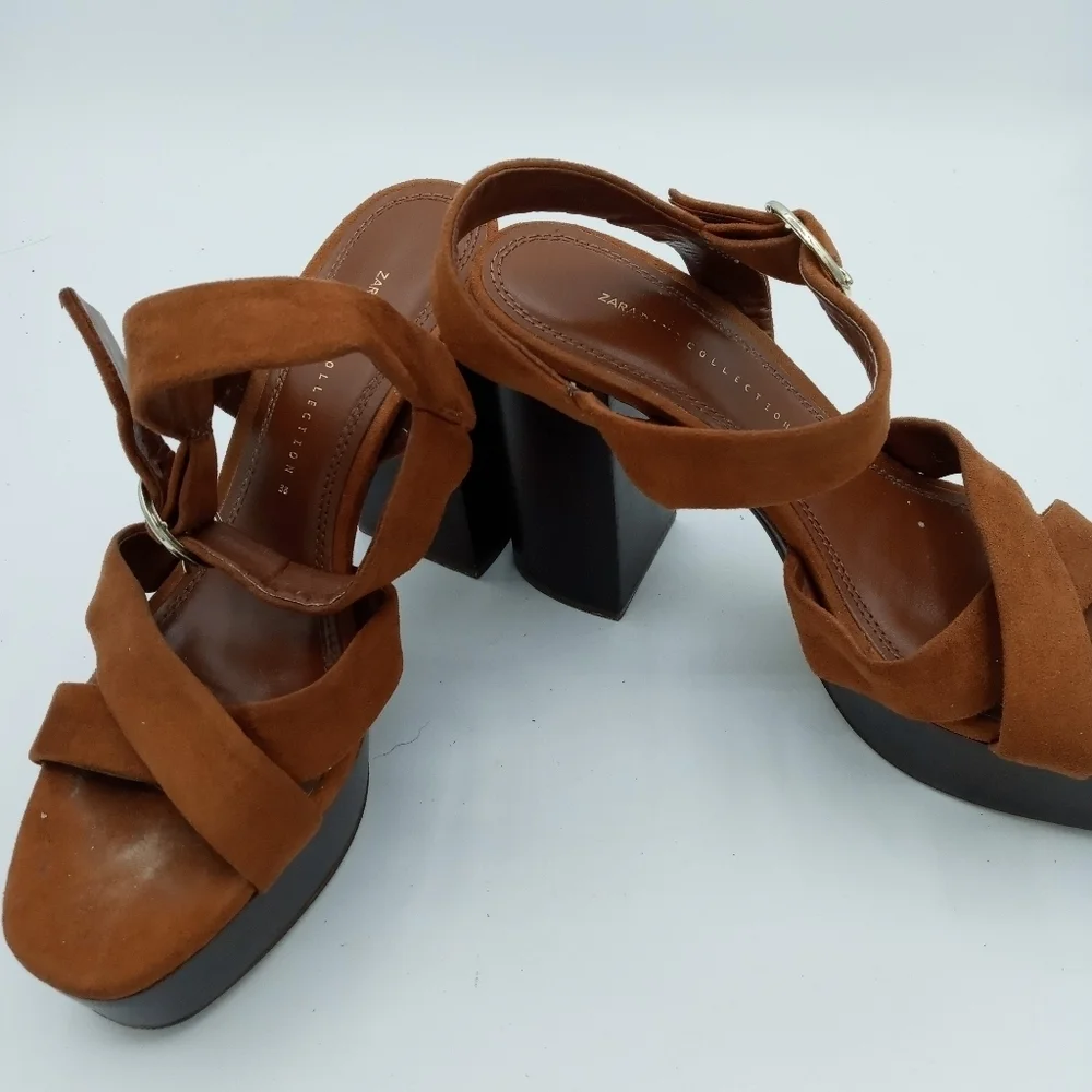 Zara Basic Collection Strappy Wood Platform Heels w/ Ankle Buckle Strap